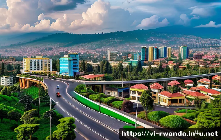 르완다의 인터넷 환경 - A vibrant urban scene in Kigali featuring modern 5G network infrastructure with sleek fiber optic ca...