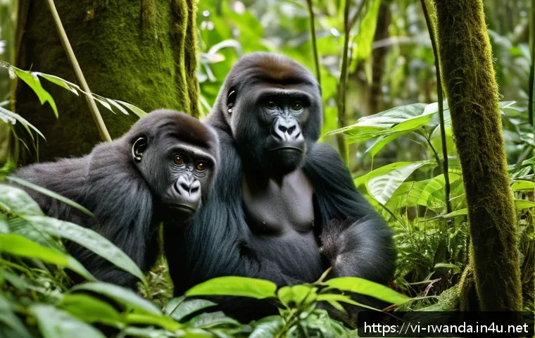 르완다의 생태 보호구역 - A serene scene of a lush Rwandan forest with a family of mountain gorillas peacefully interacting am...