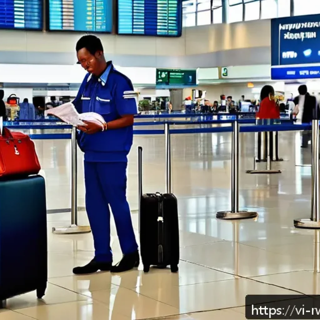 르완다의 국경 절차 - A friendly and professional customs officer at Kigali International Airport carefully inspecting a t...