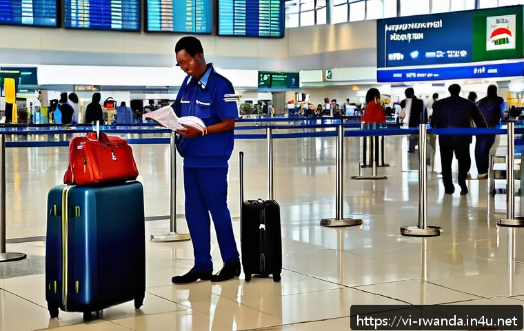 르완다의 국경 절차 - A friendly and professional customs officer at Kigali International Airport carefully inspecting a t...