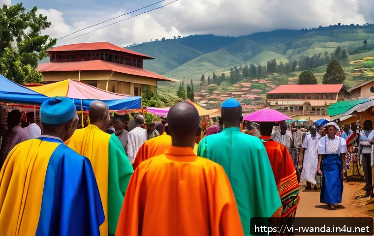 르완다와 콩고민주공화국 비교 - A vibrant street scene in Kigali, Rwanda, showcasing a diverse group of people in traditional and mo...