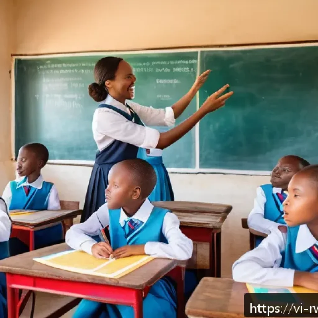 르완다에서의 초등 교육 수준 - A modern primary school classroom in rural Rwanda during daytime, spacious and bright with large win...