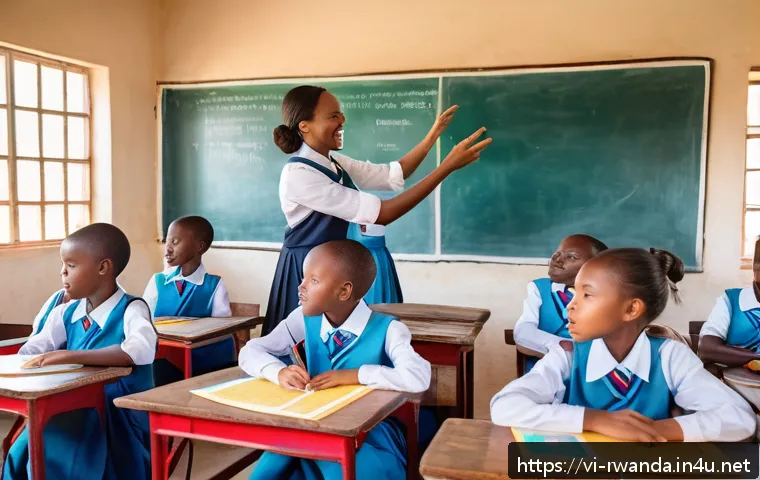 르완다에서의 초등 교육 수준 - A modern primary school classroom in rural Rwanda during daytime, spacious and bright with large win...