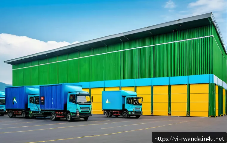 르완다의 물류 시스템 - A vibrant, detailed scene of a modern Rwandan logistics hub featuring a large, multi-functional ware...