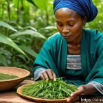 Home 21 르완다에서의 전통 의학 - A serene traditional Rwandan healer woman in a vibrant, modest traditional dress, carefully preparin...