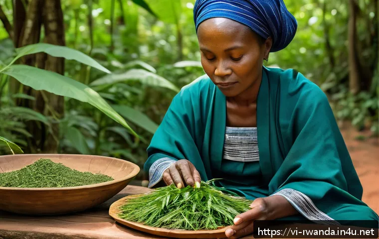 르완다에서의 전통 의학 - A serene traditional Rwandan healer woman in a vibrant, modest traditional dress, carefully preparin...