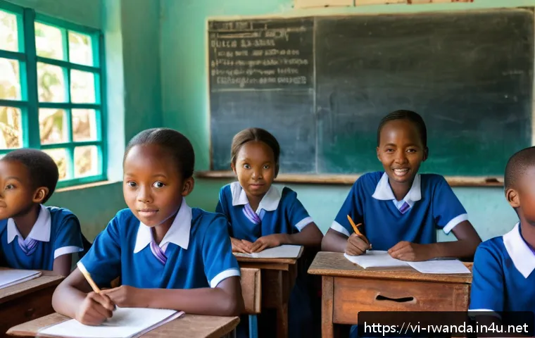 르완다의 주요 사회문제 분석 - A rural Rwandan classroom scene showing a diverse group of schoolchildren wearing modest school unif...