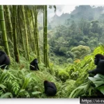 Home 19 르완다에서의 에코 리조트 - A vibrant tropical rainforest scene in Rwanda featuring dense lush green foliage, towering trees wit...