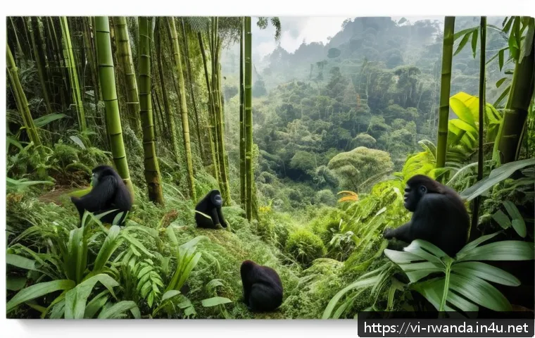 르완다에서의 에코 리조트 - A vibrant tropical rainforest scene in Rwanda featuring dense lush green foliage, towering trees wit...