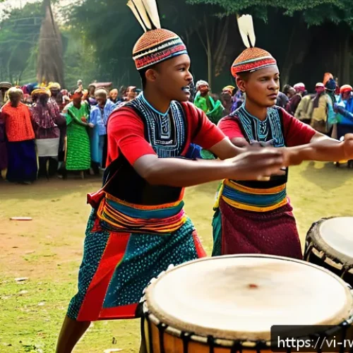 Home 30 르완다의 전통 음악 축제 - A vibrant traditional Rwandan music festival scene featuring performers playing large wooden ingoma ...