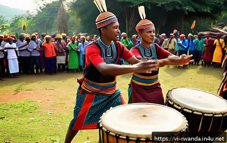 르완다의 전통 음악 축제 - A vibrant traditional Rwandan music festival scene featuring performers playing large wooden ingoma ...