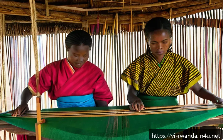 르완다 전통 직물 산업의 경제적 기여 - A vibrant traditional Rwandan weaving village scene featuring skilled artisans, predominantly women ...