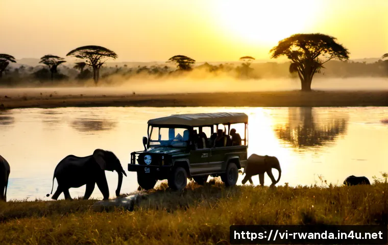 르완다에서의 사파리 경험 - Photorealistic Rwanda safari at dawn in Akagera National Park, a small open-top safari vehicle cross...