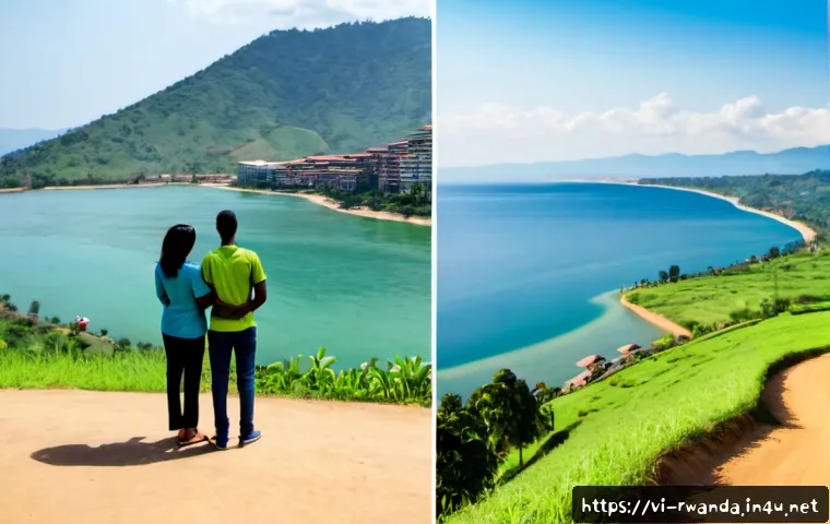 Home 17 르완다와 말라위 비교 - Photorealistic split-screen travel comparison, left side Rwanda: clean rolling green hills near Kiga...