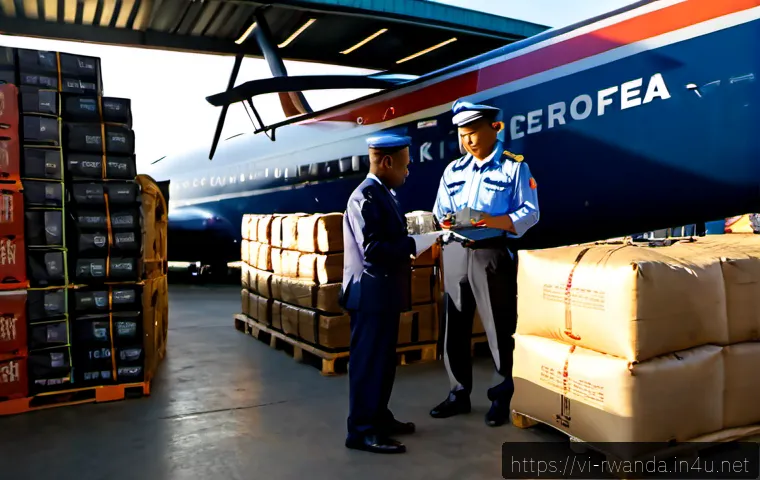 Home 13 르완다의 주요 무역 정책 - Photorealistic international trade scene at Kigali cargo terminal, Rwandan customs officer and Vietn...
