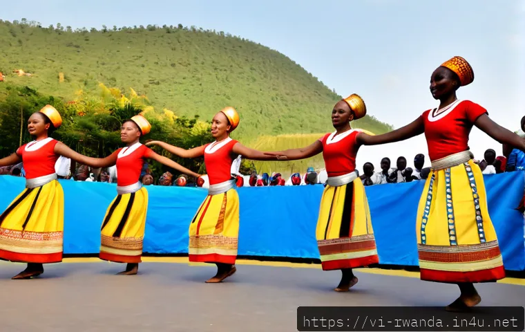 Home 15 르완다 민속 춤 대회 - Photorealistic Rwanda traditional folk dance competition in an open-air cultural arena, a line of ad...