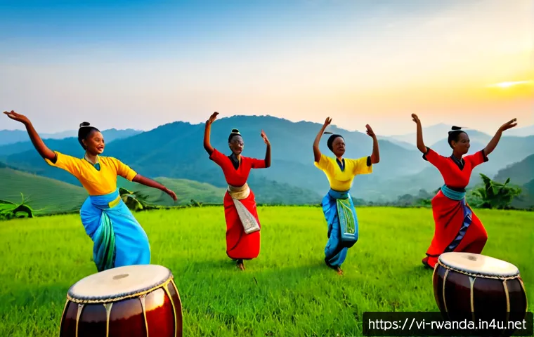 Home 15 르완다 민속 춤과 음악의 연결고리 - Photorealistic Rwandan traditional dance performance at golden hour, a graceful line of adult dancer...
