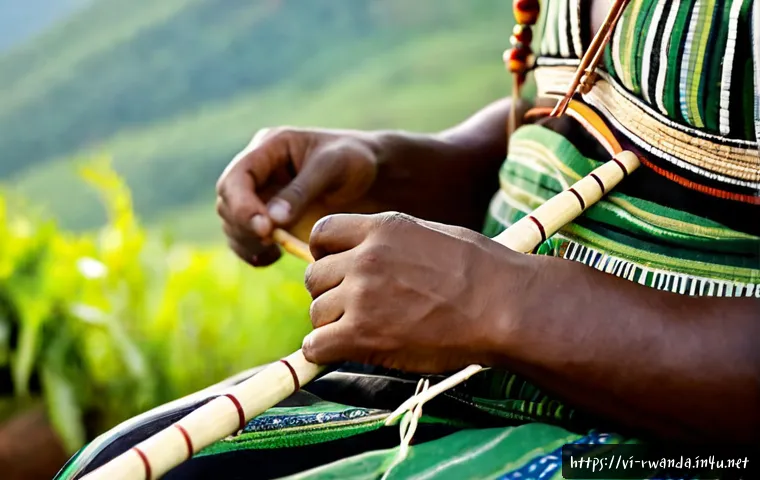 Home 17 르완다 전통 악기 - Photorealistic close-up of a skilled Rwandan musician seated outdoors, playing a traditional inanga ...