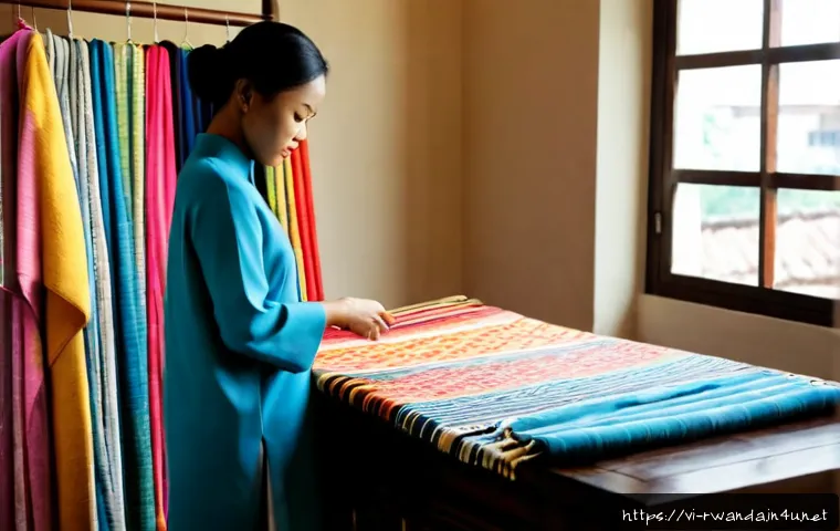 Home 17 르완다 전통 직물의 국제적 인기 - Photorealistic editorial scene in a stylish Ho Chi Minh City boutique, a Vietnamese fashion buyer ex...
