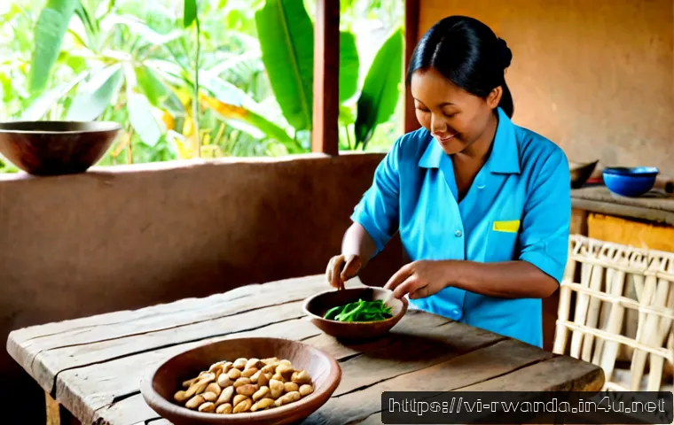 르완다의 전통 음식 요리 수업 - Photorealistic Rwandan traditional cooking class in a bright community kitchen, a Vietnamese travele...