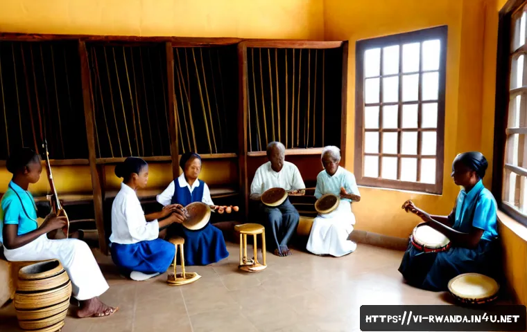 르완다 민속 음악 연구소 - Photorealistic interior of a Rwandan folk music research institute, elderly and young musicians care...