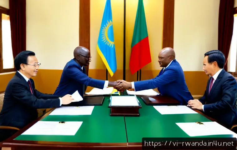르완다와 브룬디의 관계 - Photorealistic diplomatic meeting between Rwandan and Burundian delegates in a bright East African c...
