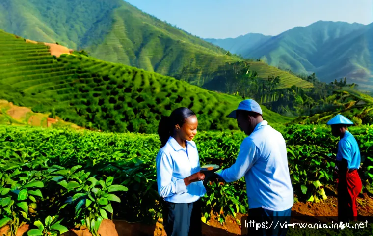 르완다와 국제 교류 사례 - Photorealistic international agricultural exchange in Rwanda, Vietnamese and Rwandan farmers examini...