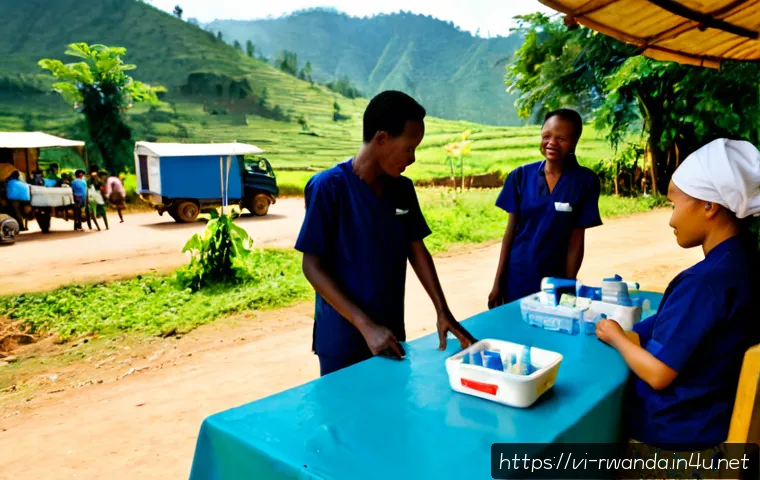 르완다에서의 글로벌 NGO 활동 - Photorealistic documentary-style scene of a global NGO health outreach in rural Rwanda, a Vietnamese...